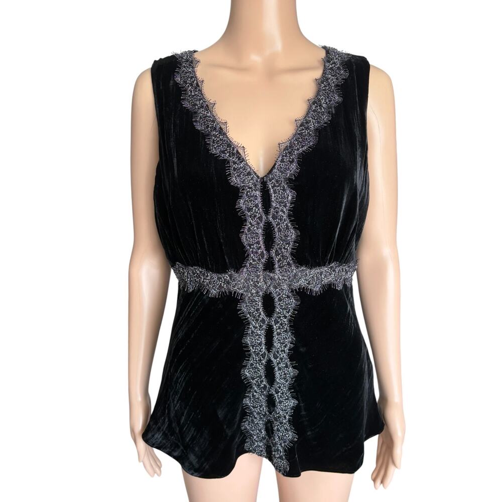 Vintage Reba Velvet Beaded Lace Babydoll Top Silk Blend Black Goth Coquette Y2K